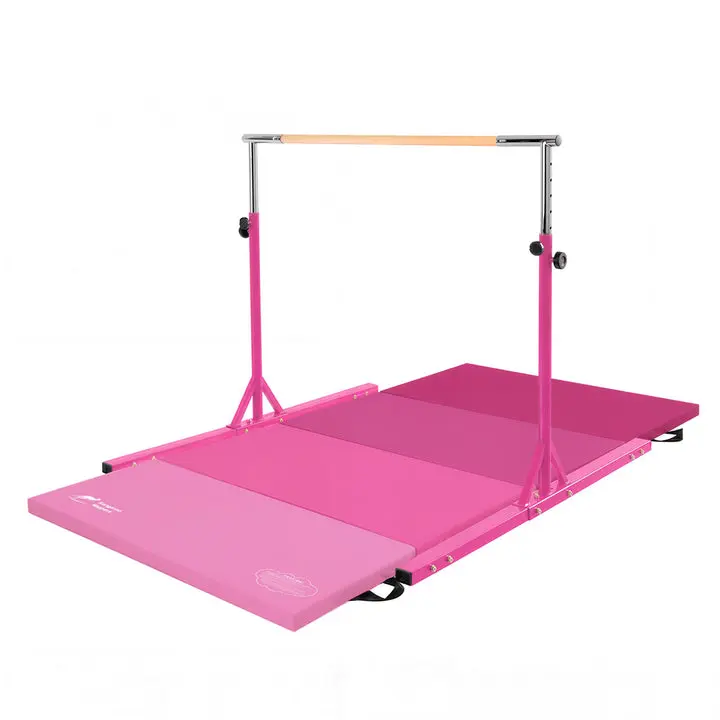 Kangaroo Hoppers 4FT Adjustable Solid Gymnastics Bar & Foldable Mat Set - Wood Base, 260lbs Capacity, Child-Compatible Height (35.4in-57.1in), Anti-Slip Surface, Durable Gym Training Gear, Promoting Bone & Body Development