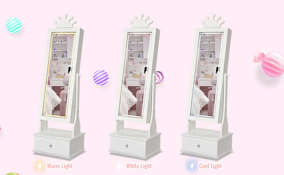 【GARVEE】Jewelry Armoire Cabinet with LED Light, Freestanding Organizer Featuring Full-Length Mirror and 3 Storage Drawers, Vanity Dress Up Jewelry Cabinet for Young Users