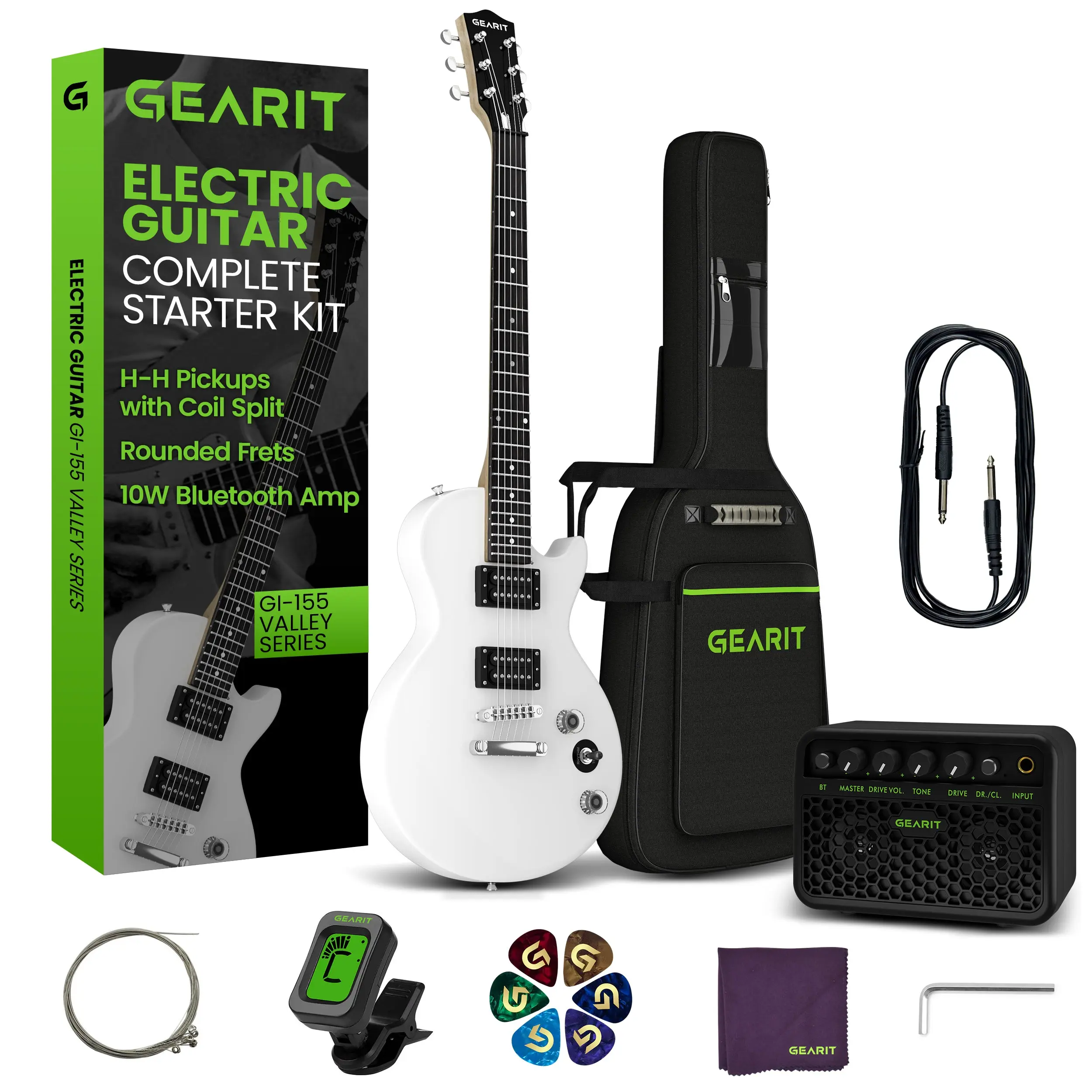 GearIt Valley Series 39" Electric Guitar All-Inclusive Starter Kit - 10W Rechargeable Bluetooth Amp, H-H Pickups, Coil Split, Portable Accessory Set