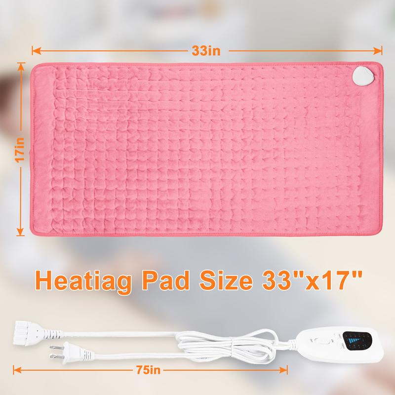 Pink Heating pad, 33  x 17 inches, 24  x 12 inches, with 6 temperature levels and 4 time settings, portable, heated back, neck, shoulders, and legs, machine washable, perfect holiday gift for men and women, Christmas gift