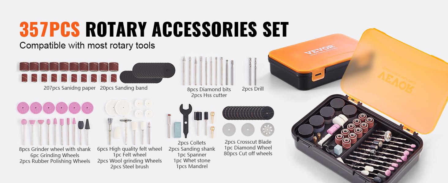 VEVOR Rotary Tool Accessory Kit,  357PCS Accessories Kit, 1/8" Diameter Shank, Universal Fitment Power Rotary Tool Accessories Set for Grinding, Carving, Sanding, Cutting, Drilling
