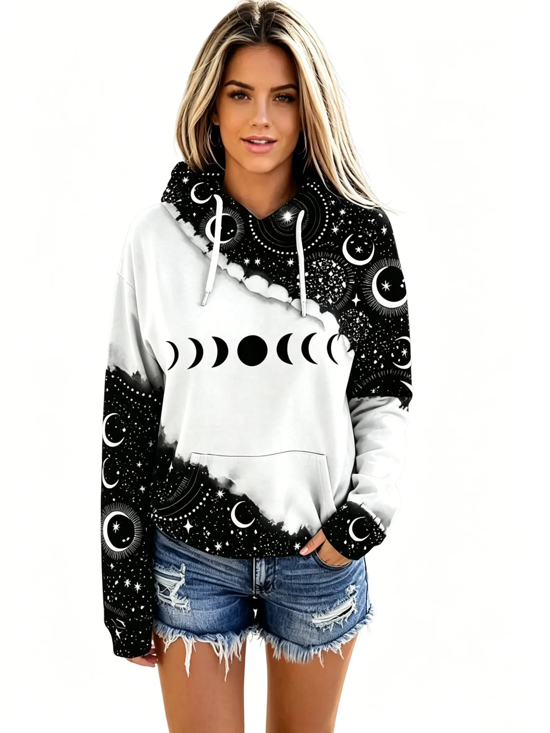 Women's Plus Size Lady Tops Hoodie - Long Sleeve, Casual Style, Drop Shoulder, Moon Star Print, Adjustable Drawstring, Comfortable Everyday Pullover Outfits Sweatshirt, Clothes, Baggy, Longsleeves, Oversized, Graphic, Women's Clothes, Hooded Neck, Long Sl