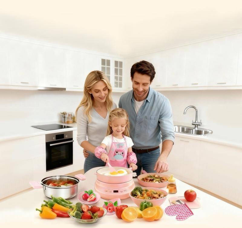 Children's Cooking Set - Safe Mini Kitchen with Induction Cooker, 14-Piece Dishware, Utensils, & Anti-Scald Rack for Toddlers, Montessori-Inspired Toy for Girls & Boys Ages 8-12