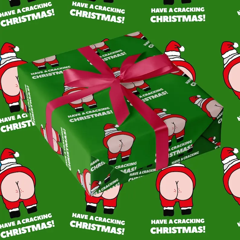Funny Rude Christmas Wrapping Paper: "Santa Says Have A Cracking Christmas"