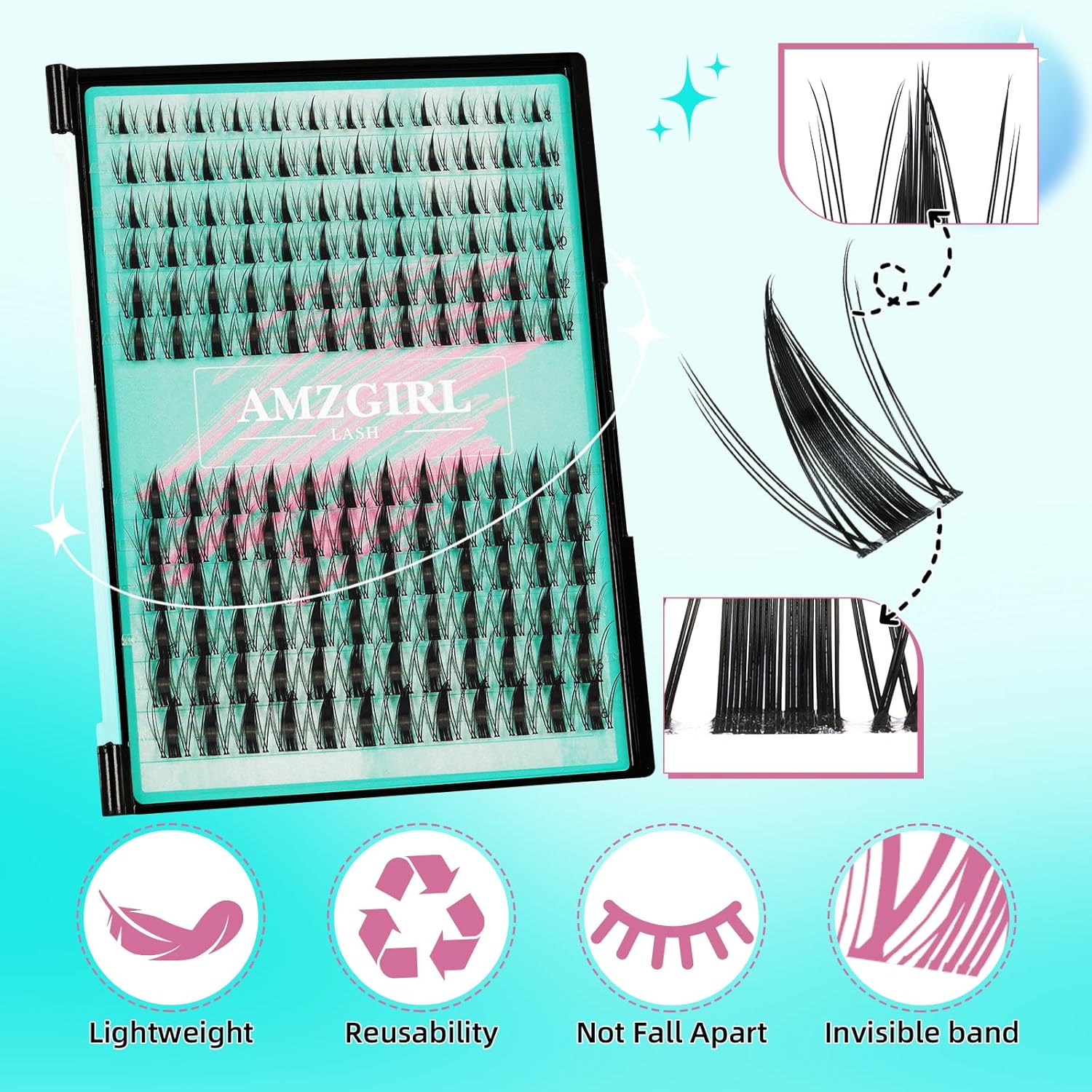 AMZGIRL LASH DIY Lash Extensions Kit 144pcs Manga Waterproof Eyelashes Makeup Cosmetic Set with Bond Seal Remover Applicator  8-16mm Mixed Individual Lashes