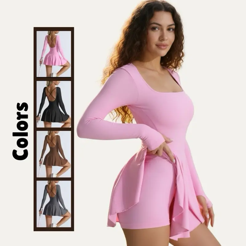 Women's Seamless Knit Sport Dress with Plain Cross Back, Long Sleeve Square Neck Tennis Dress, Indoor and Outdoor Sports Yoga Dress, Skin-Friendly Fabric, Figure-Shaping Fit golf Fitness Sporty