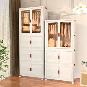 Aesthetic Stackable Storage Bins with Wheels – Folding Plastic Organizer Cabinet with Magnetic Door for Closet, Bedroom & Dorm