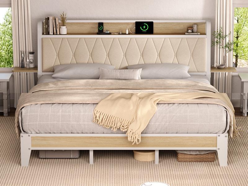 【Valentine's Day gift】ONBRILL Bed Frame with Side Storage Shelf, Ergonomic Upholstered Headboard with Charging Station, King Platform Bed Frame, Metal Slats Support, No Box Spring Needed, Easy Assembly
