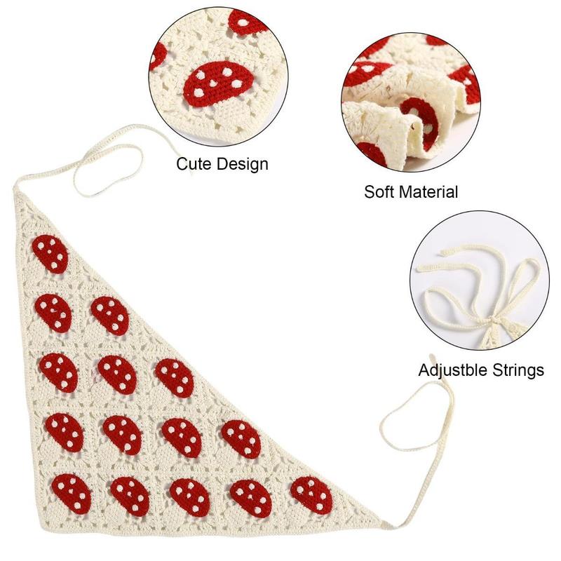 AWAYTR 2Pcs/Set Knitted Bandana Strawberry Mushroom Pattern Head Kerchief Hair Scarf Hair Scarves Crochet headband Tie Back Headwrap
