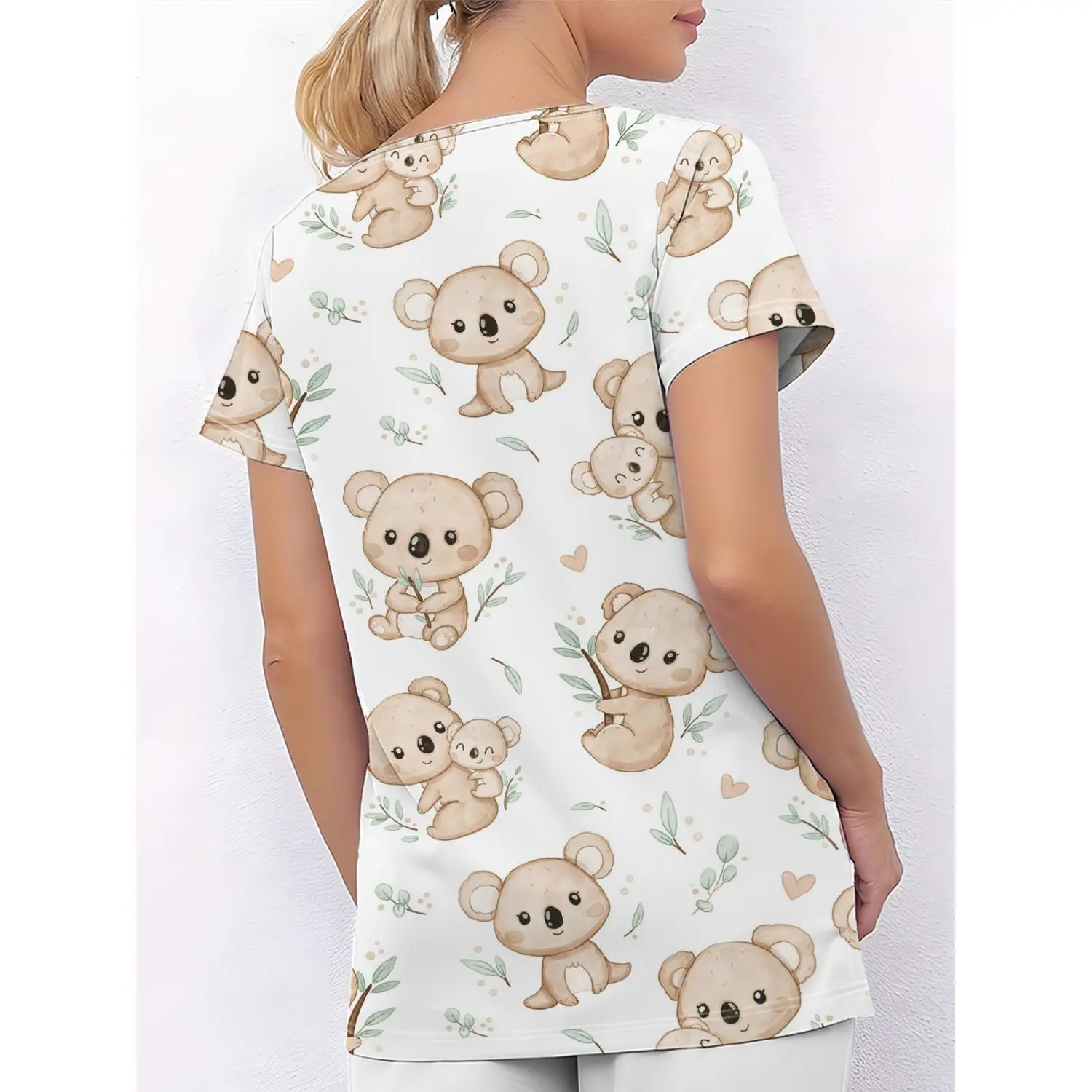 Women's Cute Cartoon Print Scrub Tops, V-Neck, Pocketed, Breathable Blend for Casual All-Season Holiday Wear