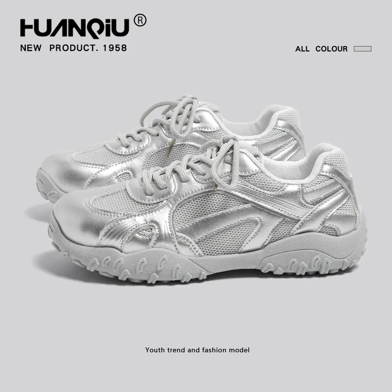 HUANQIU Women's Retro Metallic Silver Sturdy Chunky Dad Sneakers - Sporty Chic Breathable Mesh All Seasons Casual Athletic Walking Shoes, Chic Casual Trainers, Chunky Streetwear Fashion Trainers, Chunky Streetwear Casual Trainers