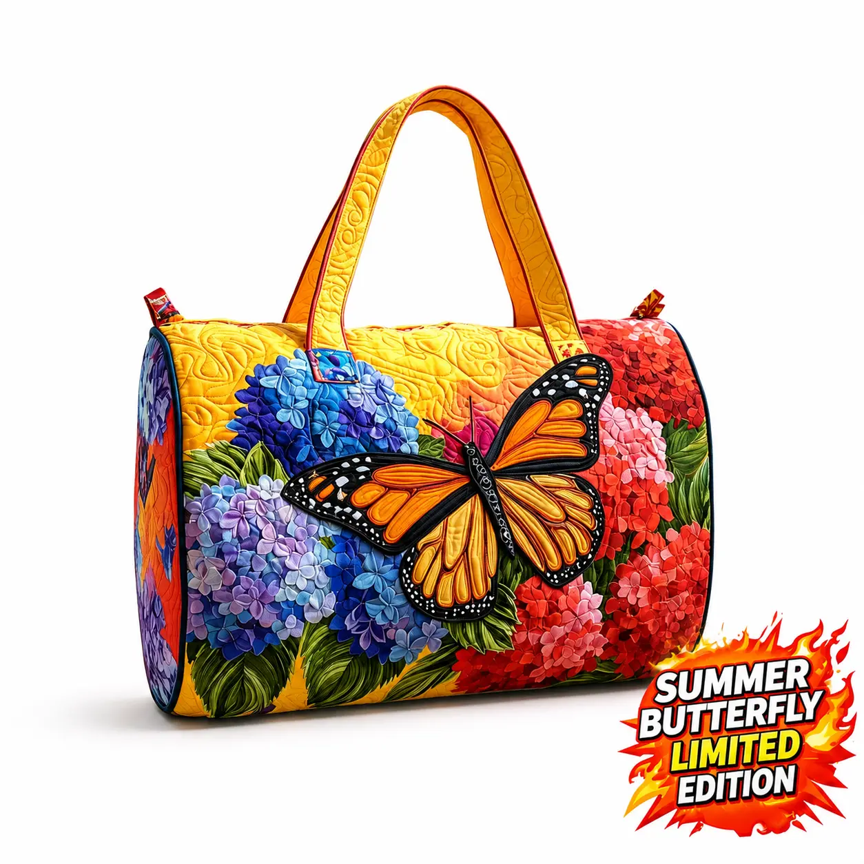 Trendy Summer Quilted Floral & Butterfly Print Travel Bag, Cute Women's Tote & Storage Purse for Casual Trips & Vacation