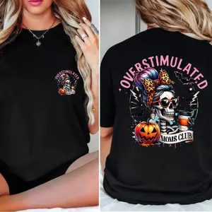 Overstimulated Moms Club Shirt - Double Sided Halloween Mom Shirt, Pumpkin Skull Fall Tee, Gift for Wife or Mom