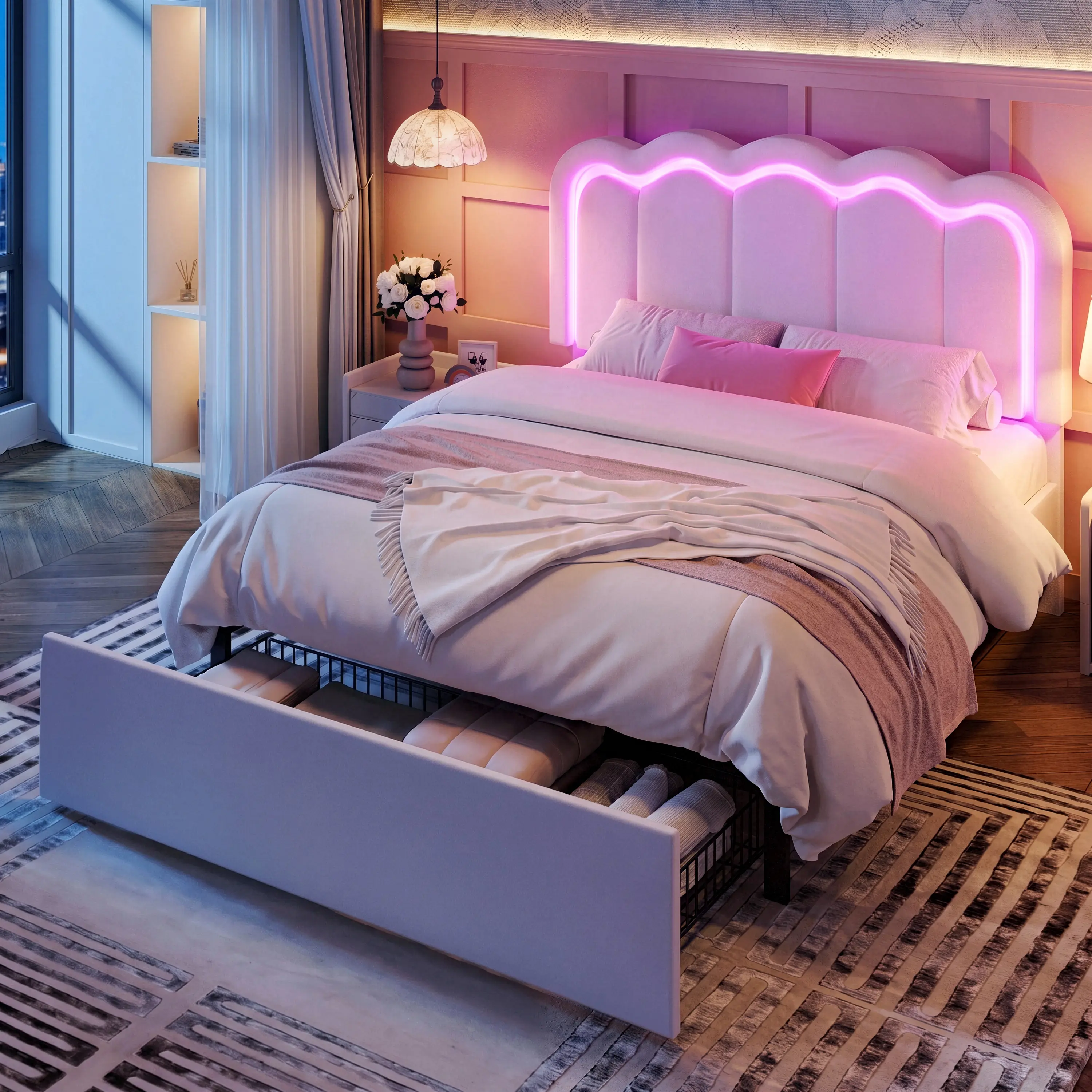 MUTIOCR Velvet Upholstered Bed Frame with Smart LED Lights Large Storage Drawer Adjustable Wavy Headboard No Box Spring Needed Twin Full Queen Sizes White Black Cream Pink #TikTokShopDealsforYouDays#DealsforYouDays#Summervibes#Summergarden