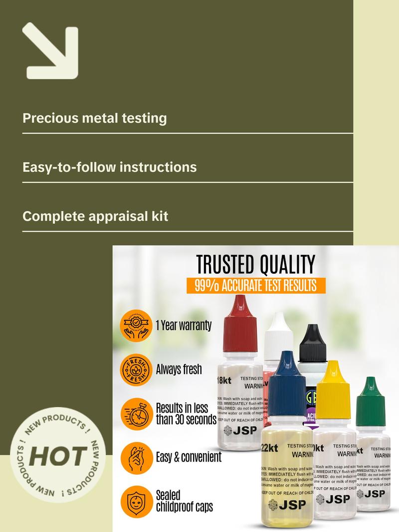 JSP Silver & 14K Gold Jewelry Appraisal Kit with 999 925 Sterling Solution & GTE Scratch Stone for Precious Metals Testing