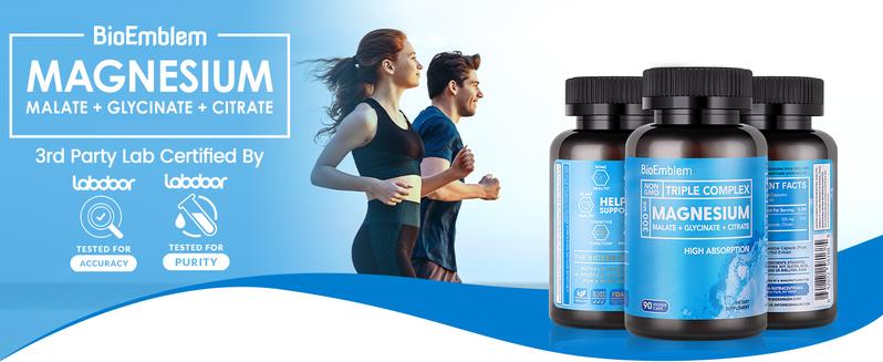 BioEmblem Triple Magnesium Complex - 300mg of Magnesium Glycinate, Malate, & Citrate for Muscles, Nerves & Energy, Vegan, Non-GMO, 90 Caps Supplement Absorption