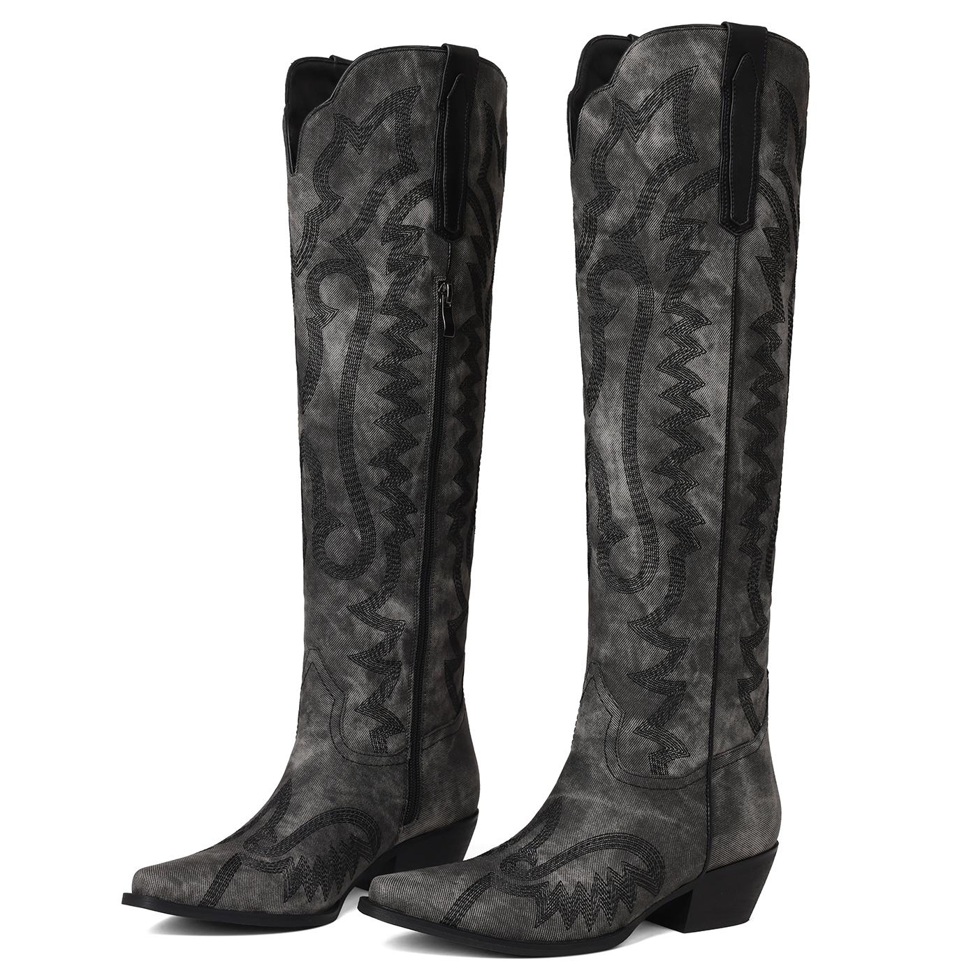 EROCALLI Women's Western Cowboy Chunky Heels Boots Knee High Vintage Style  Piont-Toe Embroidered Pointed Toe Cowgirl Boots with Intricate Pattern Side Zipper Boots for Casual Festival Daily Wear Fashionable Durable Footwear fall shoe shopping