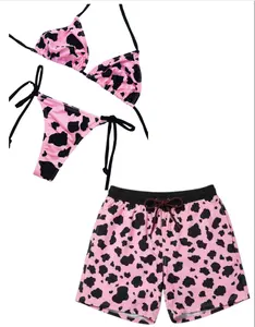 Pink Cow Pattern Couple Swim Set – Women Tie Bikini and Men Drawstring Swim Shorts