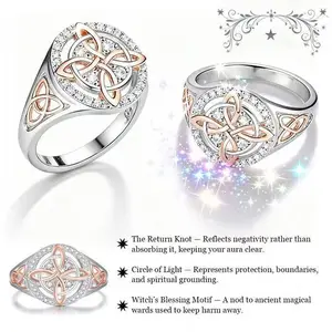 925 Sterling Silver Rose Gold Plated Celtic Knot Ring - Witch Knot Jewelry, Cubic Zirconia Decorated S925 Witches Knot Ring, Witchtok Pagan Jewelry
