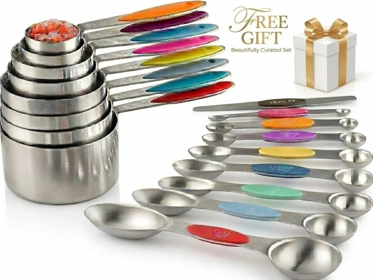 17 Pcs Durable Stainless Steel Measuring Cups & Spoons Set - Compact, Engraved, Nesting Design, Magnetic Snap-Fit Spoons, Leveler & Magnetic Conversion Chart Included - Kitchen Utensils, Fathers Day Gift