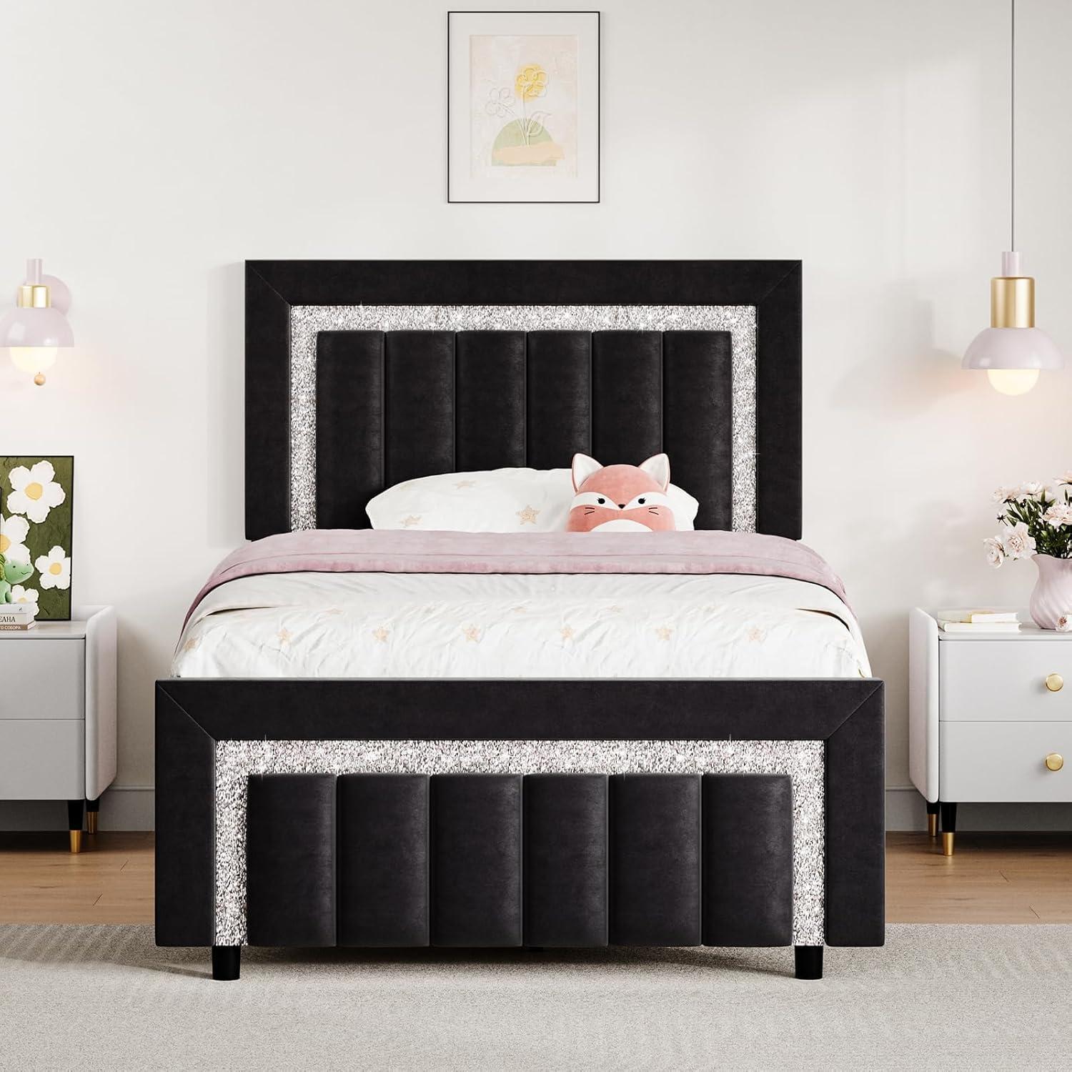 HOMBCK Bed Frame, No Mattress, Velvet Upholstered, Diamond Headboard, Vertical Channel Tufted Headboard, No Box Spring Needed, Easy Assembly
