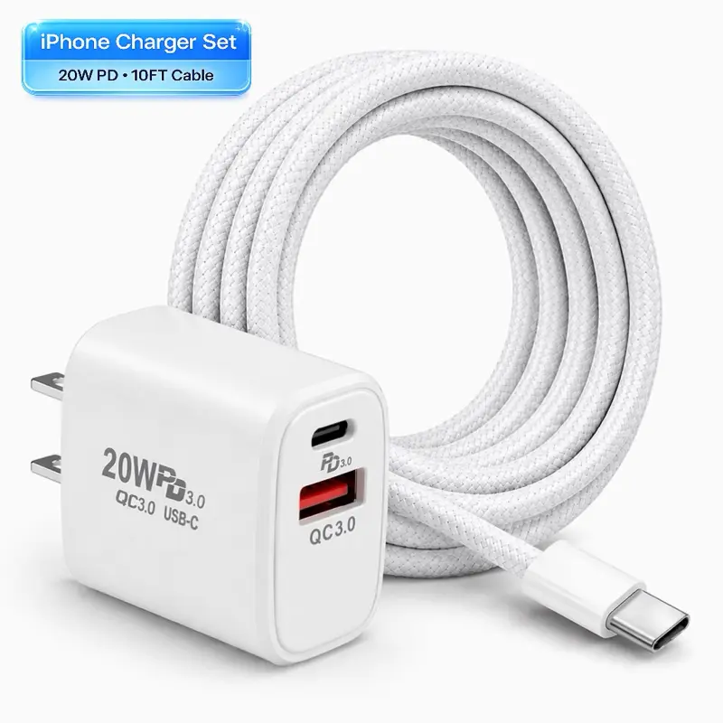 iPhone Charger Set - 10FT Braided Cable, 20W Dual Port USB-USB-C PD Fast Charging Adapter for iPhone 17/16/15/14/13/12/11/XR/XS Max/8/7/6/5, iPad, AirPods, Smartphone, Cellphone & Other Mobile Electronic Devices