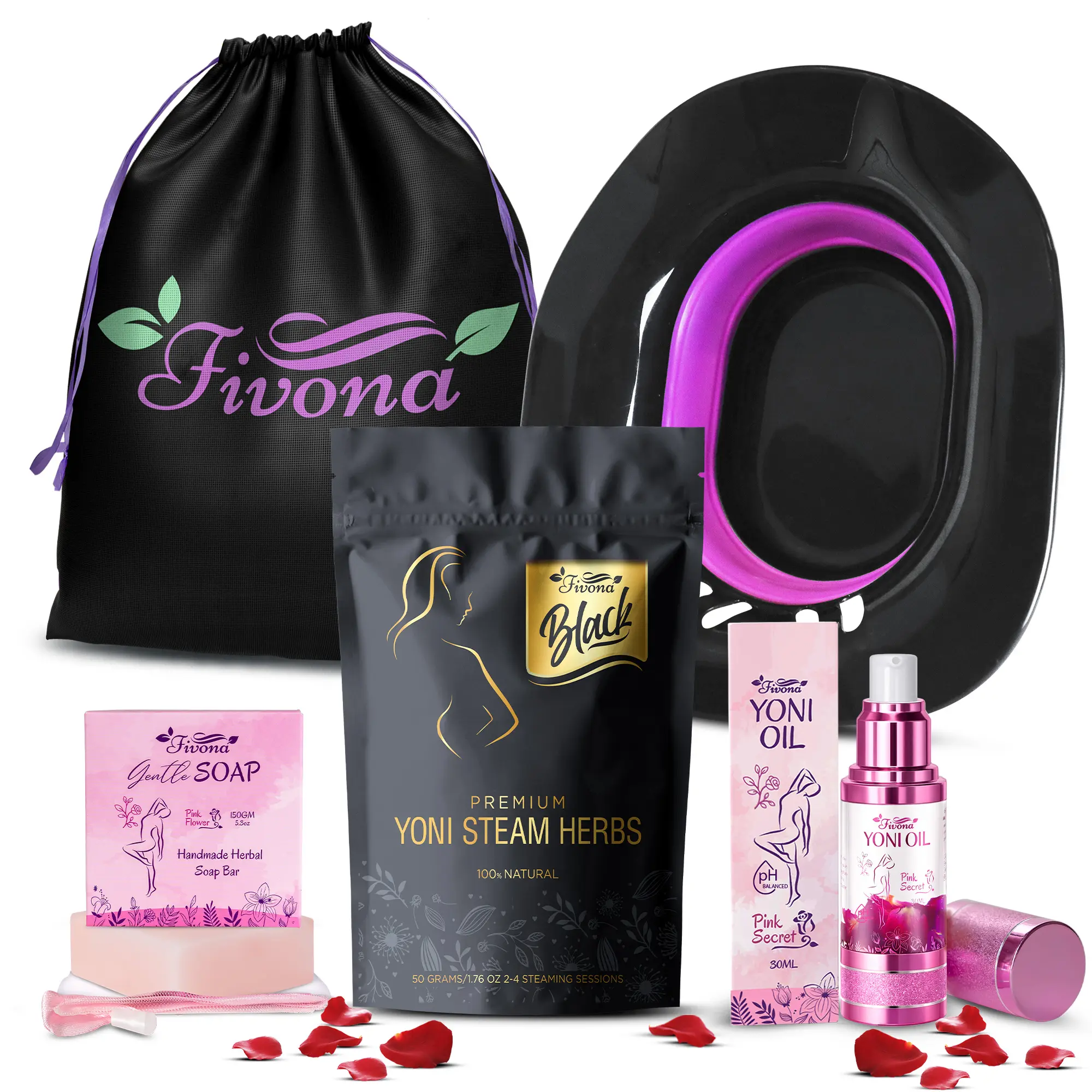 [FIVONA] 5-in-1 Yoni Care Steam Kit Black Premium Includes Feminine V Oil, Sitz Bath Seat, Yoni Steaming Herbs, Soap Bar and Storage Bag - Support pH Balance - Gentle Cleansing and Relaxation - Skin Moisturizing - Yoni Steam Kit with V-Steam Seat