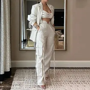 2 piece sets women Apricot Top & Wide Leg Pants Set Elegant Women Lace Up Wide Leg Pant Sets Two Piece Set Spring Summer High Waist Trousers Suit