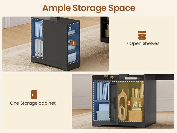 SEDETA Farmhouse L Shaped Electric Standing Desk, 63" x 67" Height Adjustable Home Office Executive Desk with Drawers and Shelves, Standing Computer Desks with Power Outlet for Home Office