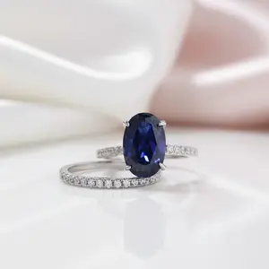 Classic Blue Sapphire Oval Cut Engagement Ring Set