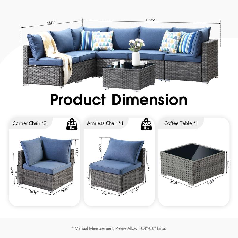 【3 Packages Shipping】Ovios Outdoor 7 Piece Coversation Set with Coffee Table,Sectional Patio Furniture Set with All-Weather Wicker Sofa,Modern Outside Couch for Balcony Backyard Pool