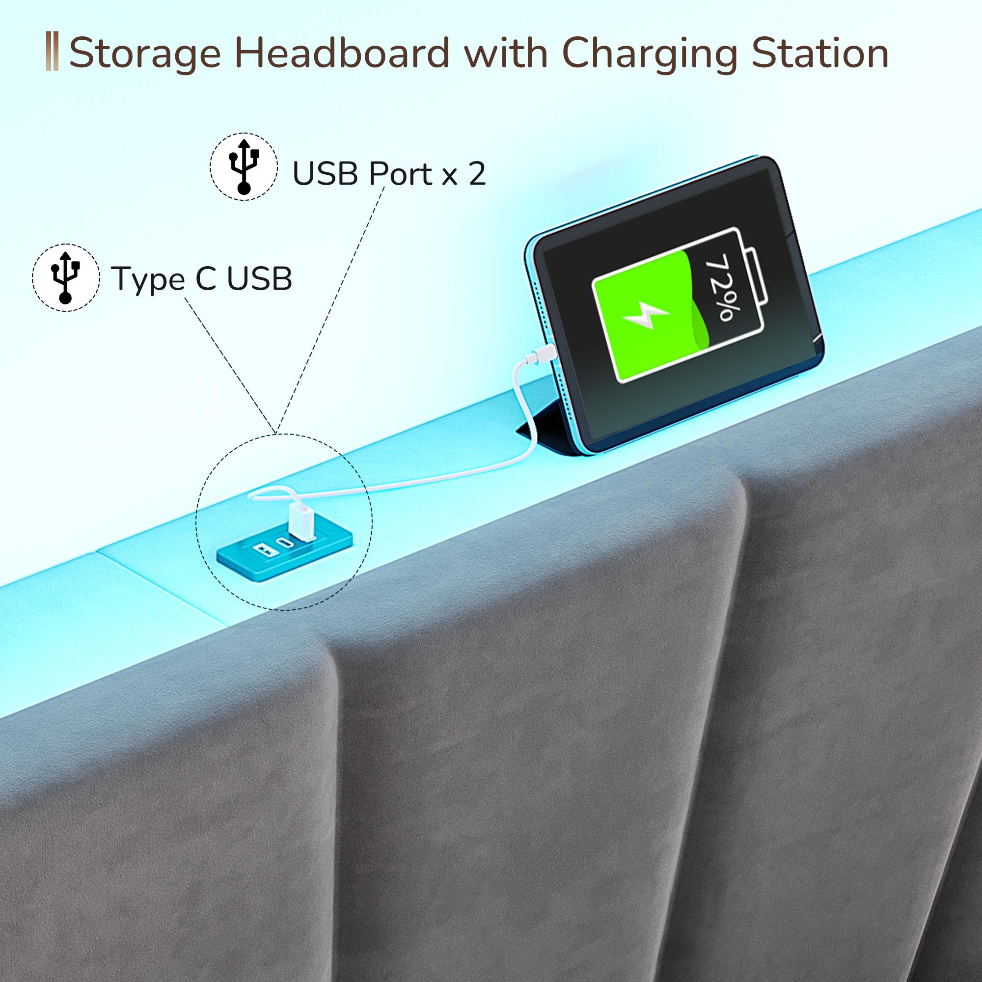 Bed Frame King Size with LED lIghts & Charging Station, Upholstered Queen Bed Frame with Shelves, Luxury Bedframe, Bedroom FurnitureNo Mattress, Noise Free, Holds 880LBS, Wood Slats & Metal Frame, Beige, Gray