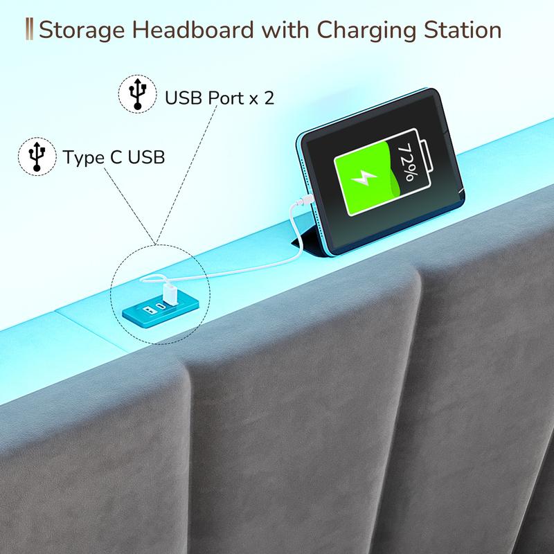 Bed Frame King Size with LED lIghts & Charging Station, Upholstered Queen Bed Frame with Shelves, Luxury Bedframe, Bedroom FurnitureNo Mattress, Noise Free, Holds 880LBS, Wood Slats & Metal Frame, Beige, Gray Bed Frame King Size with LED lIghts & Charging Station, Upholstered Queen Bed Frame with Shelves, Luxury Bedframe, Bedroom FurnitureNo Mattress, Noise Free, Holds 880LBS, Wood Slats & Metal Frame, Beige, Gray