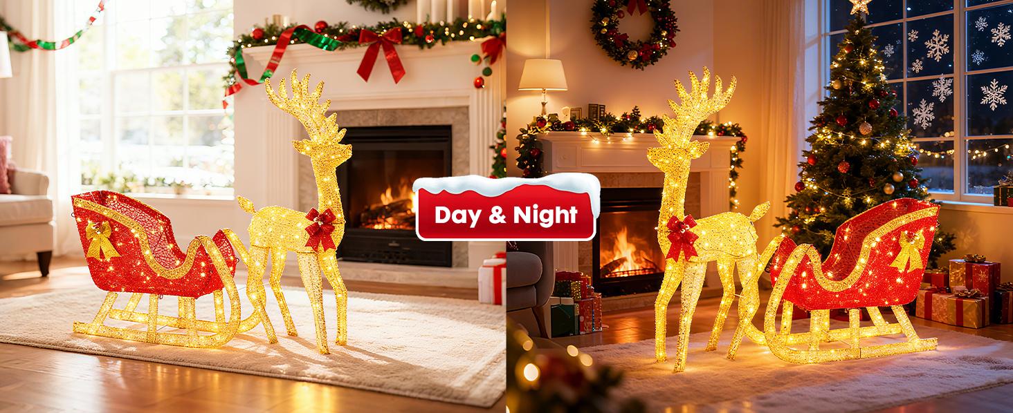 Lighted Christmas Reindeer & Sleigh Holiday Outdoor Yard Decoration Set ,3D LED Santa Claus Sleigh with Reindeer, Christmas Decoration Light