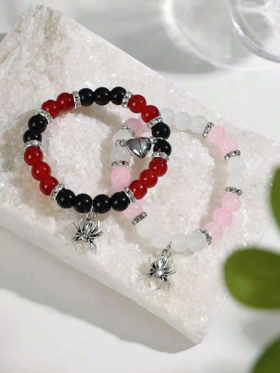Couples Friendship Bracelets, 2-Piece Set of Matching Glass Bead Jewelry with Magnetic Spider and Heart Charms, Birthday Gift