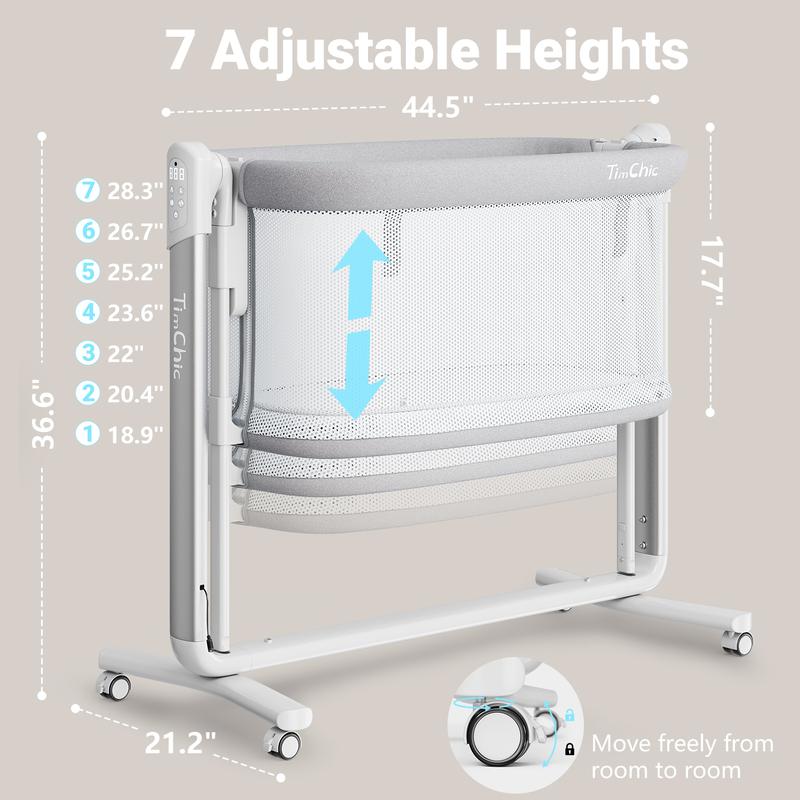 TIMCHIC 3-in-1 Auto Rocking Bassinet – Electric Bedside Crib, Adjustable Heights, On Wheels – Keeps Baby Calm & Close (0-12 Months)