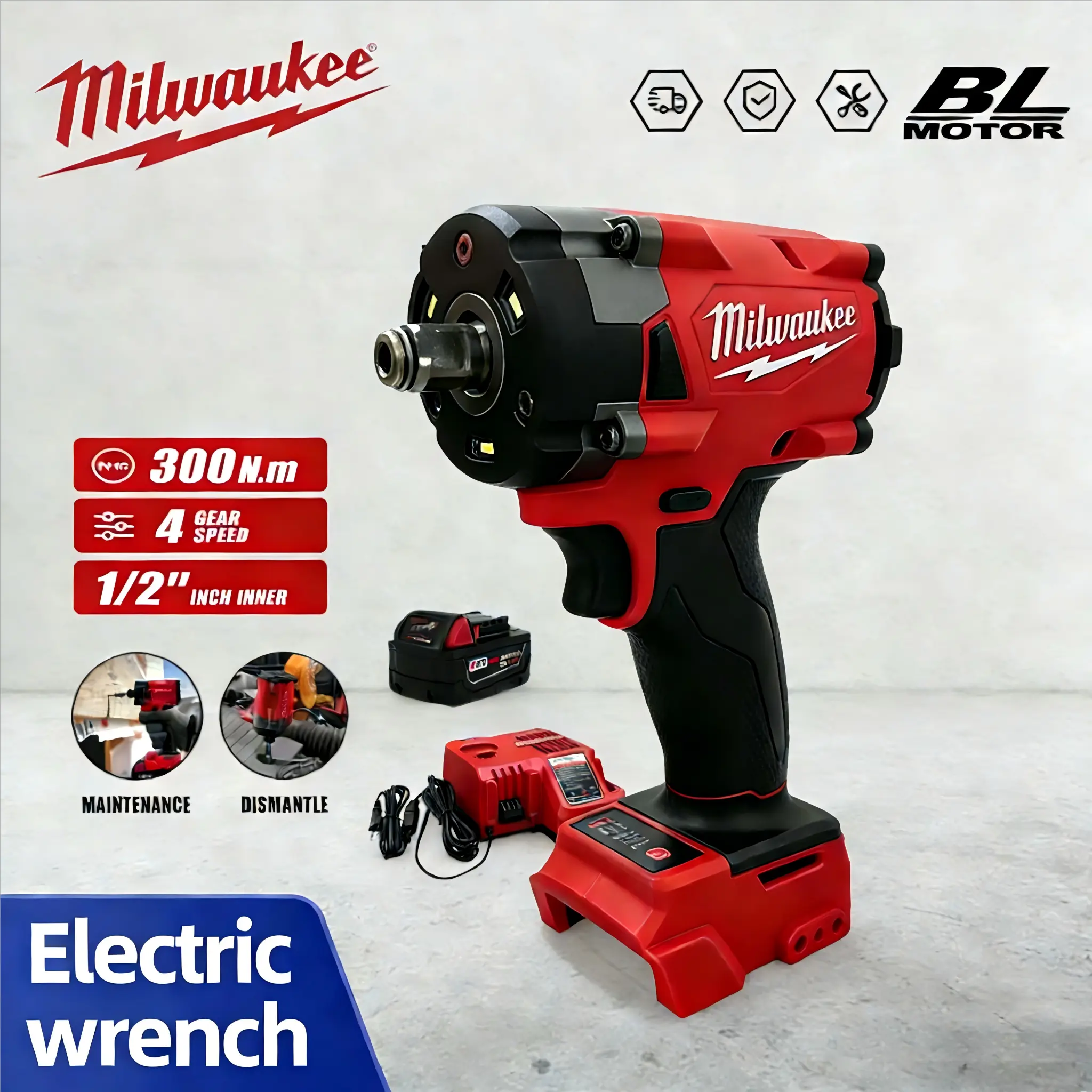 Milwaukee M18 1/2" Brushless Impact Wrench - 300N.m Torque, 4-Speed Control, Lightweight Work Tool for Mechanics' Auto Maintenance (Tool Only or Kit Option), Work Tools