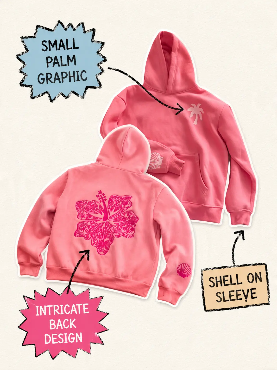 Tropical coast-inspired oversized hoodie, unisex, Hawaiian style pullover, palm tree print on the chest, hibiscus flower pattern on the back, seashell print on the sleeves, fashionable beach vacation style sweatshirt, perfect for everyday casual wear.