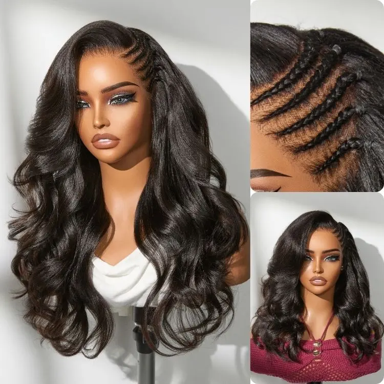 LUVME Readitress Side Braided Yaki Body Wave Glueless Ear-to-ear 13x4 Frontal HD Lace Wig Human Hair Flexi-Fit Drawstring Cap
