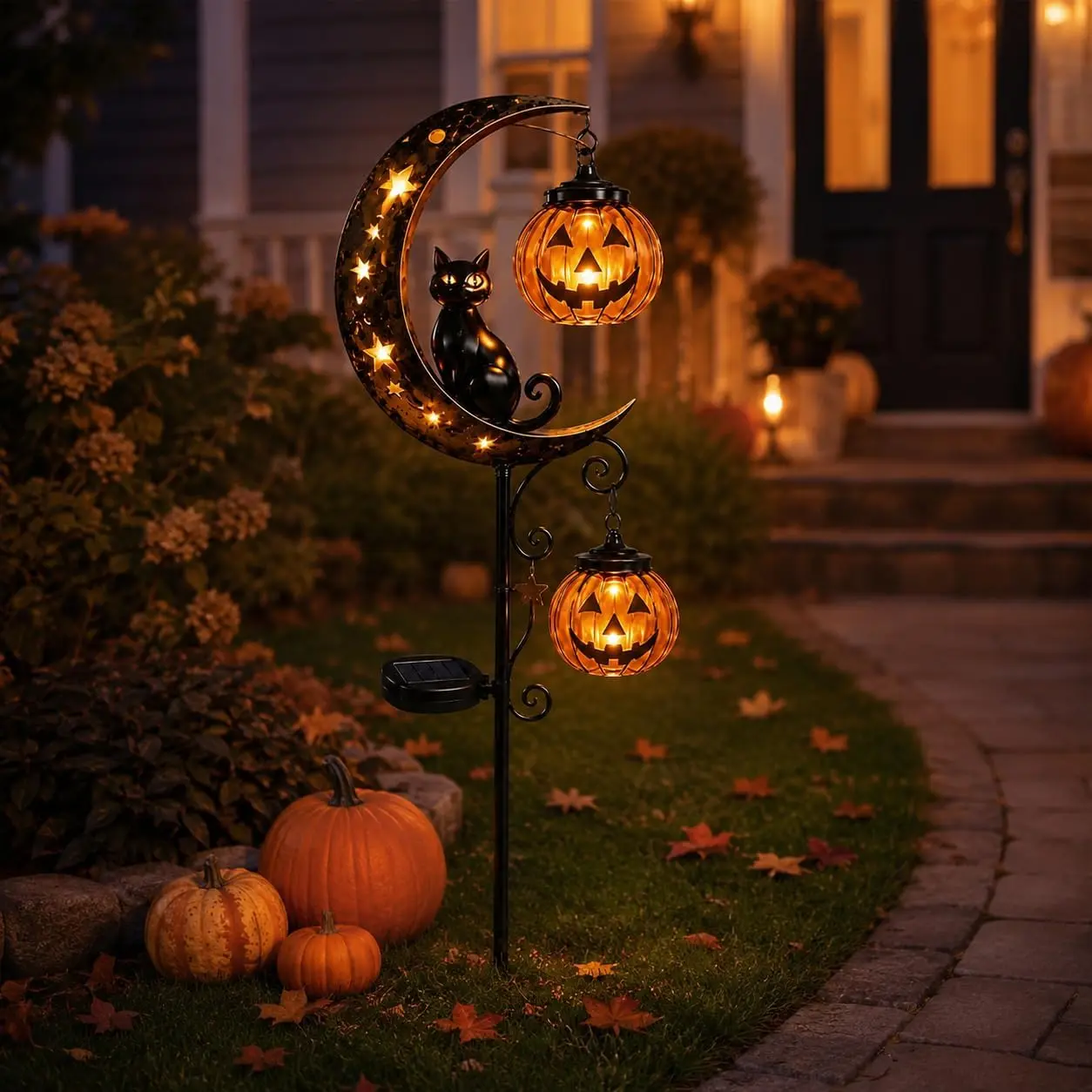 Halloween Decorations Solar Powered Warm LEDs Decorative Light - Iron Frame Black Cat Pumpkin Garden Stakes, Weatherproof Outdoor Home Front Porch Festive Lanterns