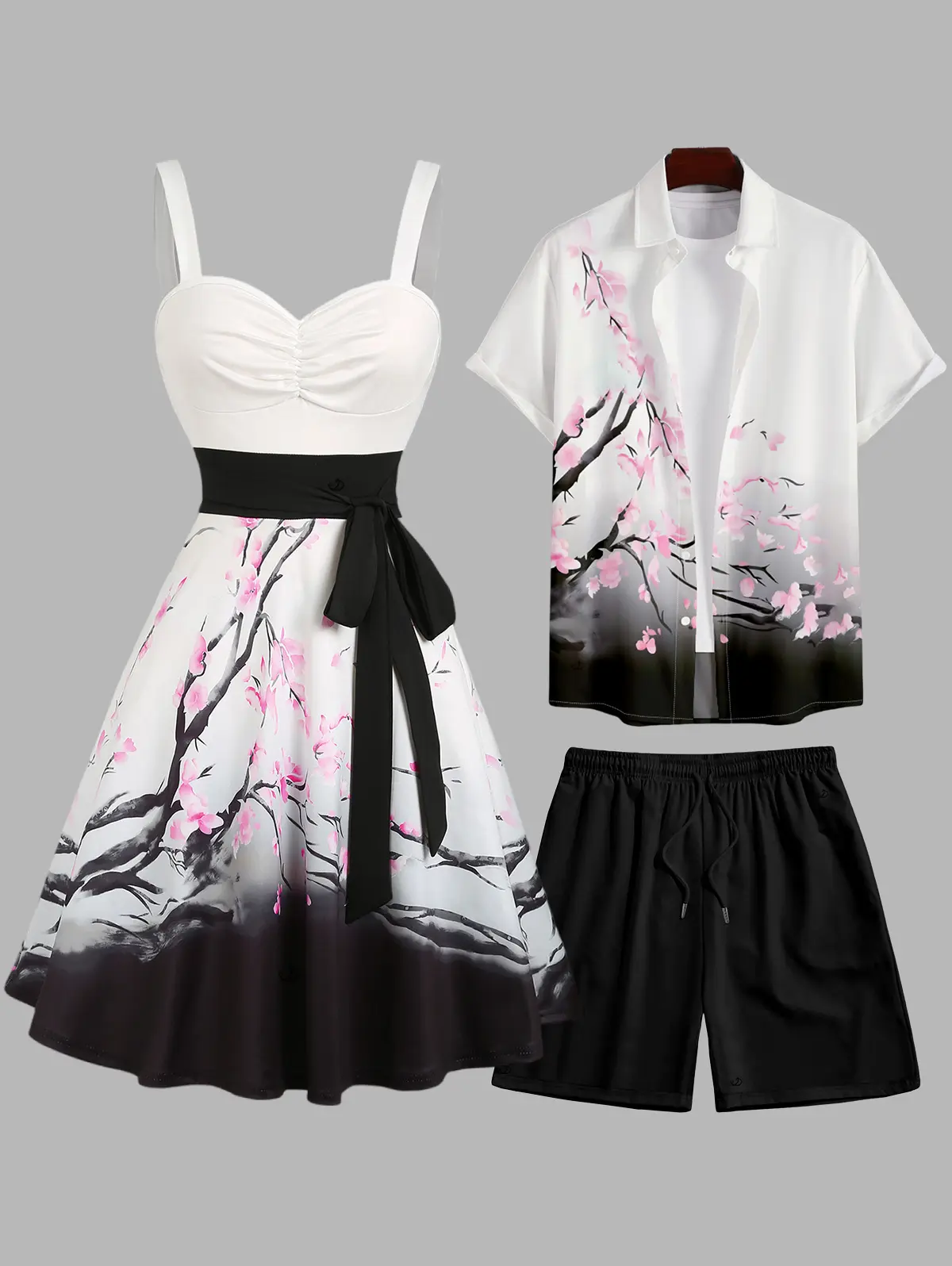 2026 Couple Outfit Women's Sweetheart Neck Plum Blossom Ombre Print Belt Dress and Men's Roll Up Sleeve Shirt Drawstring Beach Shorts Vocation Outfit