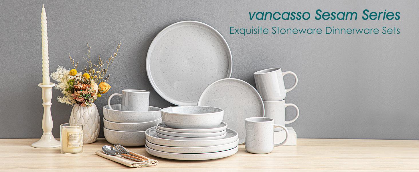 vancasso Sesam 16-Piece Light Grey Stoneware Dinnerware Set | Sesame Glaze Ceramic Dish Set with Dinner Plates, Dessert Plates, Soup Bowls, and Mugs, Service for 4 Tableware
