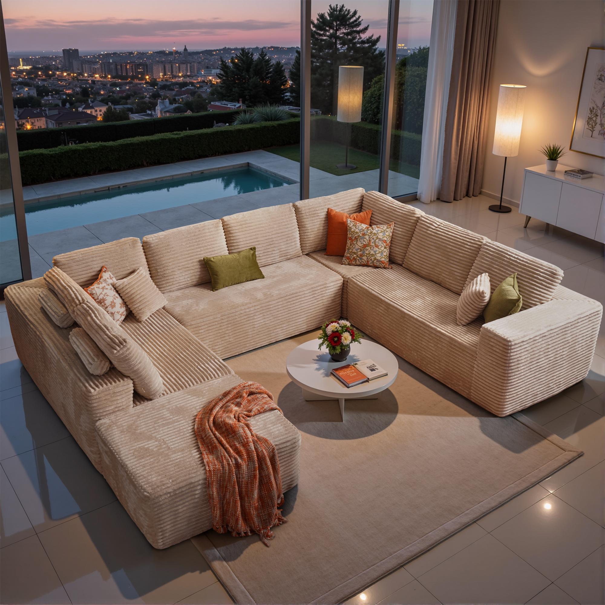 OOSWIFT 135" Boneless Modular Sectional Sofa - High-Density Foam & Pocket Spring, Plush Corduroy CloudCouch with Deep Seat, Ultra-Soft Pet & Kid FriendlyThickened Cushion for Large Living Room Family Lounge,Ideal for Working Reading Relaxing