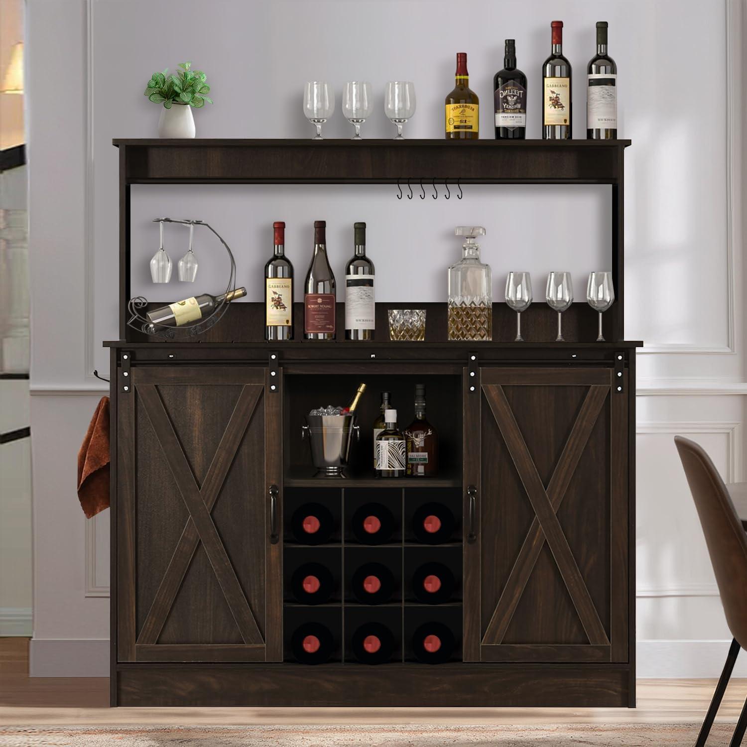 HOMBCK Farmhouse Coffee Bar Cabinet, 47'' Kitchen Bar Cabinet with Sliding Barn Door, Wooden Buffet /Wine Bar Cabinet Organizerwith Open Storage Shelf