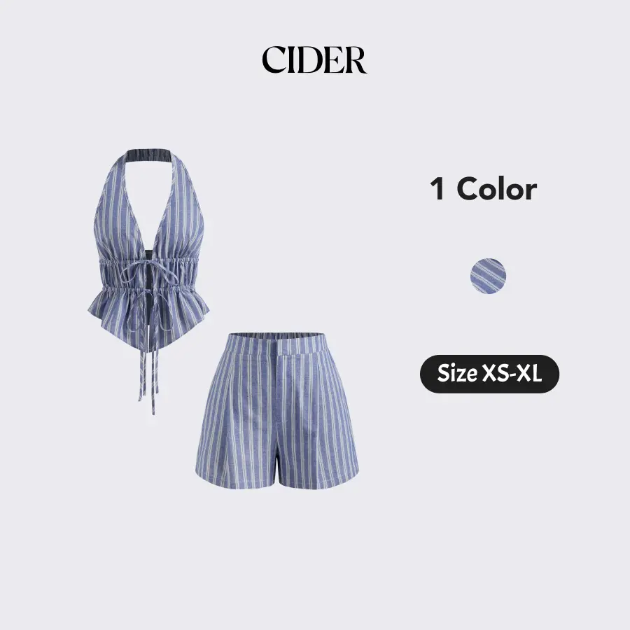 Cider Cotton-blend Halter Neckline Stripe Tie Front Shirred Top &  Mid Rise Shorts Set SohoChic