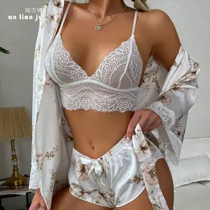 Cross-Border E-commerce Amazon Hot Sale Autumn Women's Nightgown Sexy Lace Cardigan Homewear Bathrobe Pajamas 389
