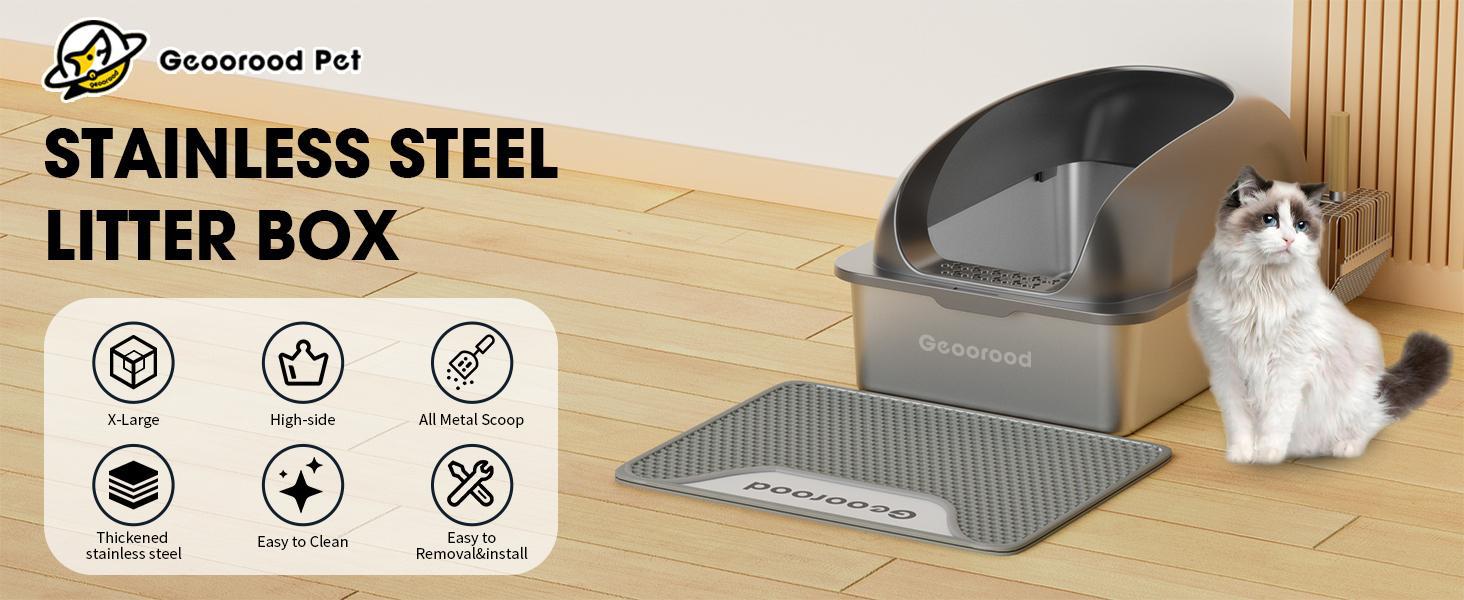 【Geoorood】Geoorood XXL Cat Litter Box Stainless Steel 20L with Lid,  XL Large Metal Litter Box High Sided Design,Anti-Urine Leakage, Include Cat Mat & Litter Scoop, Never Absorbs Odors, Easy Cleaning, Non-Sticky#February Stock Up
