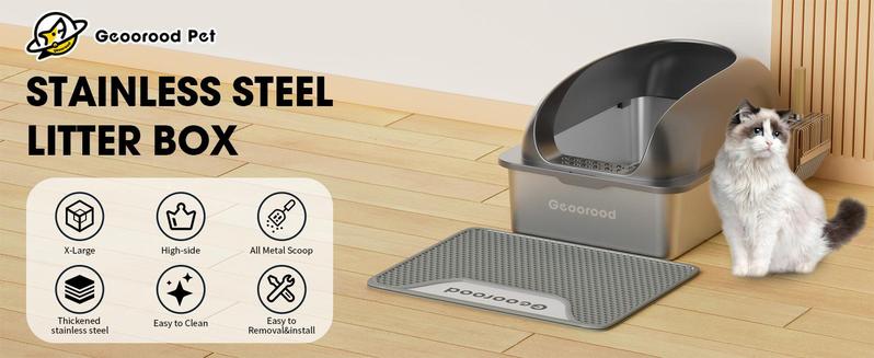 【Geoorood】Geoorood XXL Cat Litter Box Stainless Steel 20L with Lid,  XL Large Metal Litter Box High Sided Design,Anti-Urine Leakage, Include Cat Mat & Litter Scoop, Never Absorbs Odors, Easy Cleaning, Non-Sticky#February Stock Up