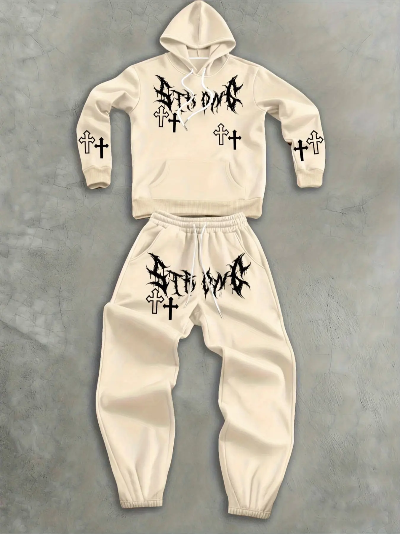 Men's Fleece Hoodie Set 2 Piece Letter Cross Pattern Print Hooded Sweatshirt + Drawstring Casual Fleece Sport Pants Streetwear, Loose Casual Athleisure Sweatsuit Matching Set
