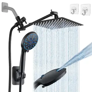 8" High Pressure Square Rainfall Shower Head and 8 ModesHand Shower,Rainfall Showerhead with 9" Shower Arm,Equipped with 78"Hose,Adhesive Shower Head Holder (Square Black Shower Head Set)